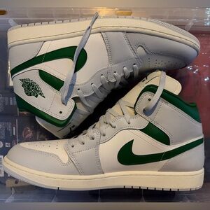 Nike Air Jordan 1 Mid shoes in the "Summit White Lucky Green" color way NWOT